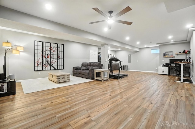 539 Bellasera Dr, Sugarcreek Twp, OH 45440 - living room with light wood finished floors, a ceiling fan, recessed lighting, and electric panel