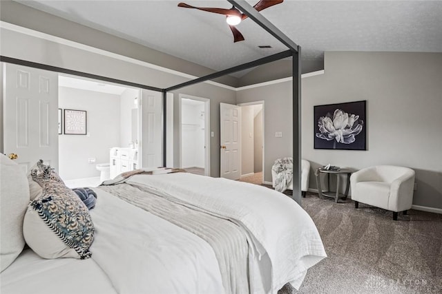 4182 Fox Fern Ct, Beavercreek, OH 45432 - bedroom with carpet, vaulted ceiling, connected bathroom, and a ceiling fan
