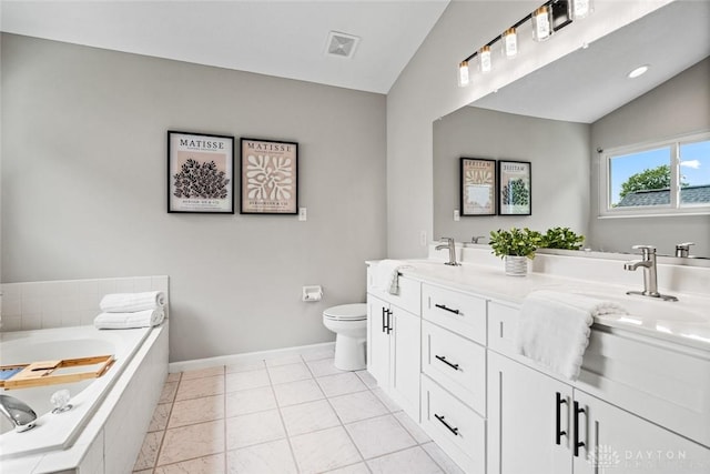 4182 Fox Fern Ct, Beavercreek, OH 45432 - full bathroom featuring vaulted ceiling, double vanity, and a bath