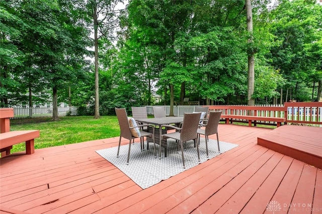 4182 Fox Fern Ct, Beavercreek, OH 45432 - wooden deck with a fenced backyard, outdoor dining space, and view of scattered trees