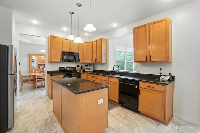 4546 Brackenview Ct, Mason, OH 45040 - kitchen featuring black appliances, a center island, light marble finish floors, recessed lighting, and dark stone counters