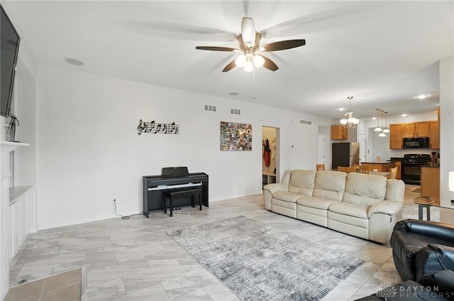 4546 Brackenview Ct, Mason, OH 45040 - living room featuring a ceiling fan, a chandelier, and light marble finish floors