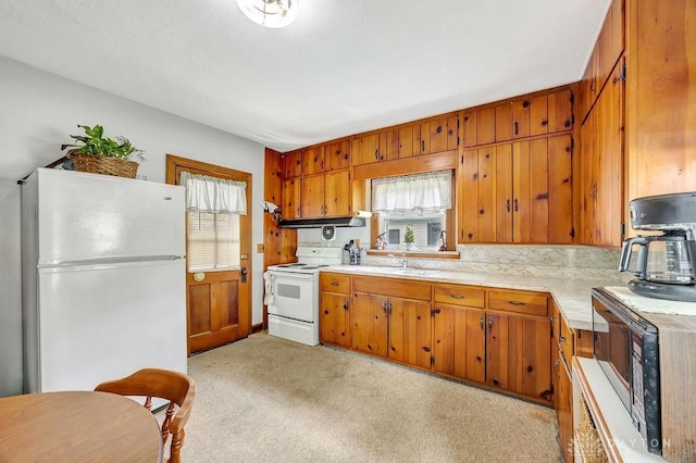 677 Ridgewood Ave, Hamilton, OH 45013 - kitchen featuring white appliances, light countertops, brown cabinets, and light carpet
