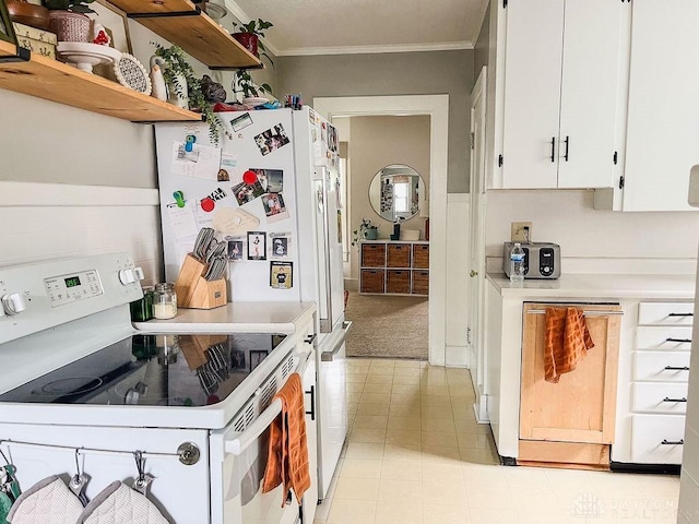 1110 E Main St, Troy, OH 45373 - kitchen with white appliances, ornamental molding, light countertops, white cabinets, and open shelves