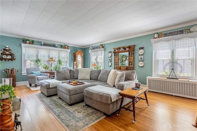 288 N King St, Xenia, OH 45385 - living room featuring radiator heating unit, healthy amount of natural light, crown molding, and light wood-style flooring