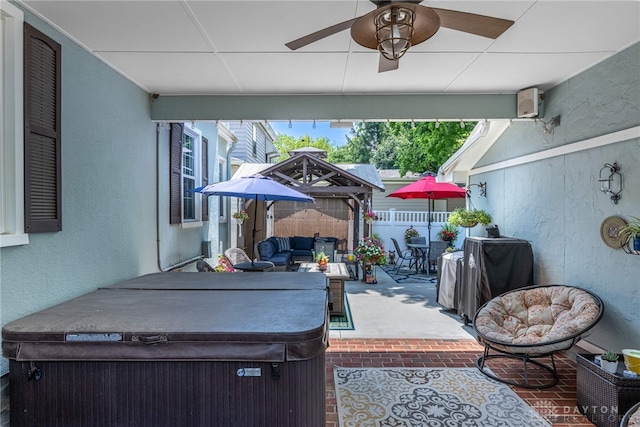 288 N King St, Xenia, OH 45385 - view of patio with a hot tub, a ceiling fan, outdoor lounge area, and grilling area