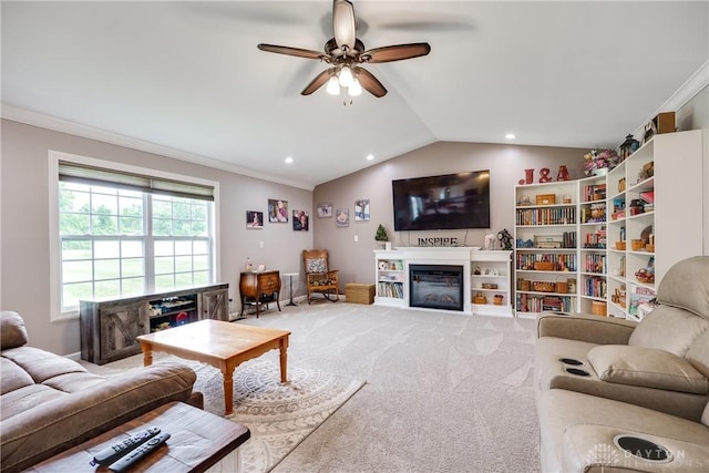 4095 N State Route 42, Waynesville, OH 45068 - living room with ceiling fan, a glass covered fireplace, crown molding, vaulted ceiling, and light carpet