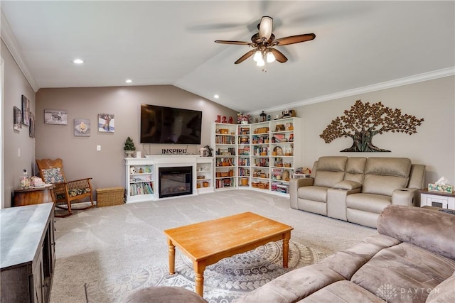 4095 N State Route 42, Waynesville, OH 45068 - living room with a ceiling fan, carpet floors, a glass covered fireplace, ornamental molding, and vaulted ceiling