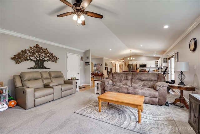 4095 N State Route 42, Waynesville, OH 45068 - living room with a ceiling fan, vaulted ceiling, ornamental molding, light carpet, and recessed lighting