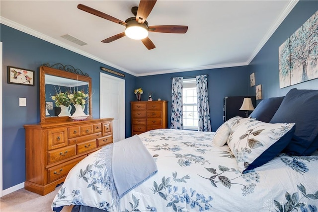 4095 N State Route 42, Waynesville, OH 45068 - bedroom featuring light colored carpet, crown molding, and a ceiling fan