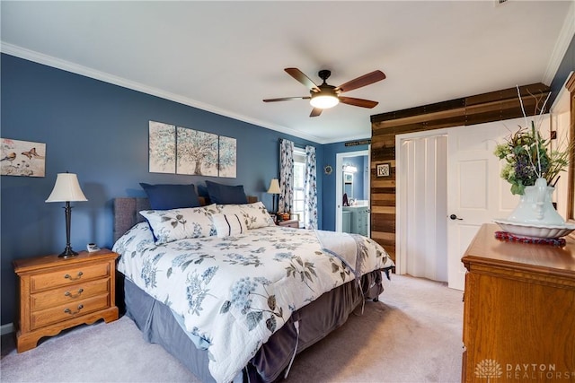 4095 N State Route 42, Waynesville, OH 45068 - bedroom with carpet, ornamental molding, ensuite bathroom, and a ceiling fan