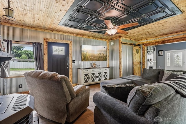 213 N Broadway St, Blanchester, OH 45107 - living area featuring ceiling fan, wooden ceiling, wood finished floors, and an ornate ceiling