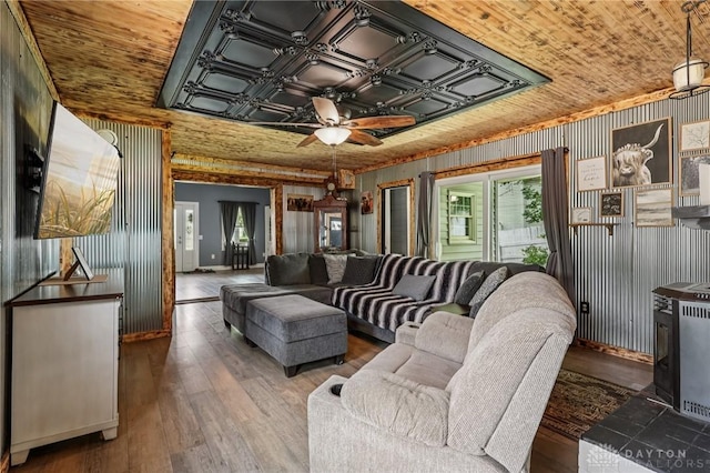 213 N Broadway St, Blanchester, OH 45107 - living room featuring hardwood / wood-style floors, ceiling fan, wooden ceiling, and an ornate ceiling