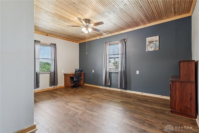 213 N Broadway St, Blanchester, OH 45107 - empty room featuring healthy amount of natural light, an office area, ceiling fan, wooden ceiling, and wood-type flooring