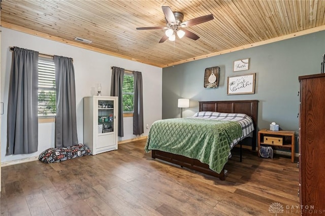 213 N Broadway St, Blanchester, OH 45107 - bedroom with wooden ceiling, hardwood / wood-style floors, and a ceiling fan