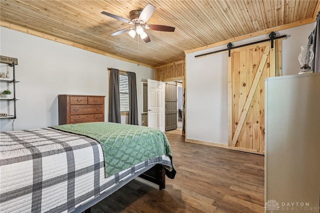 213 N Broadway St, Blanchester, OH 45107 - bedroom featuring a barn door, wood ceiling, wood finished floors, white refrigerator, and ceiling fan