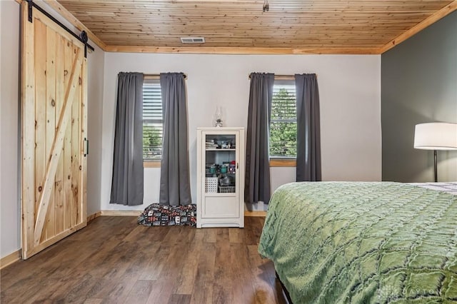 213 N Broadway St, Blanchester, OH 45107 - bedroom with a barn door, dark wood-style flooring, wooden ceiling, and crown molding