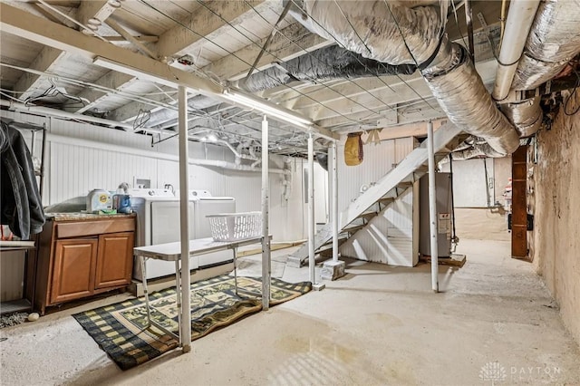 213 N Broadway St, Blanchester, OH 45107 - unfinished below grade area featuring washer and clothes dryer, gas water heater, and stairs