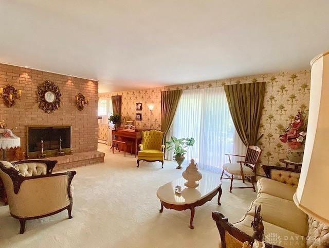 9476 Sheehan Rd, Dayton, OH 45458 - carpeted living room with wallpapered walls and a fireplace