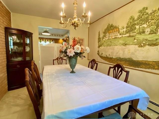 9476 Sheehan Rd, Dayton, OH 45458 - dining room with carpet floors, a chandelier, a baseboard radiator, and brick wall