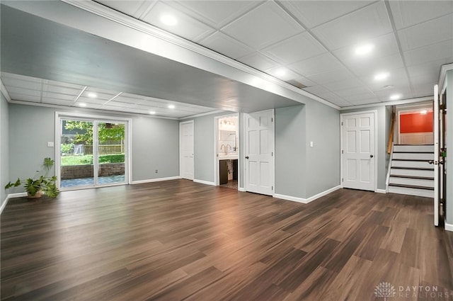 1572 Frontier Ct, Dayton, OH 45458 - below grade area with dark wood-style floors, stairway, and recessed lighting