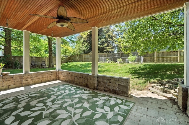 1572 Frontier Ct, Dayton, OH 45458 - fenced backyard featuring a ceiling fan and a patio