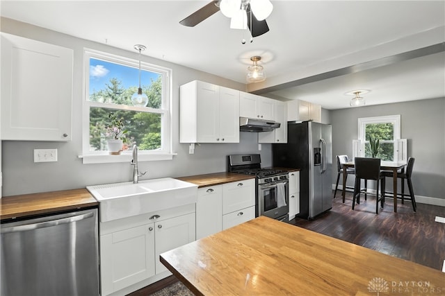 2594 Laura Ln, Norwood, OH 45212 - kitchen featuring appliances with stainless steel finishes, butcher block counters, under cabinet range hood, ceiling fan, and dark wood-style floors
