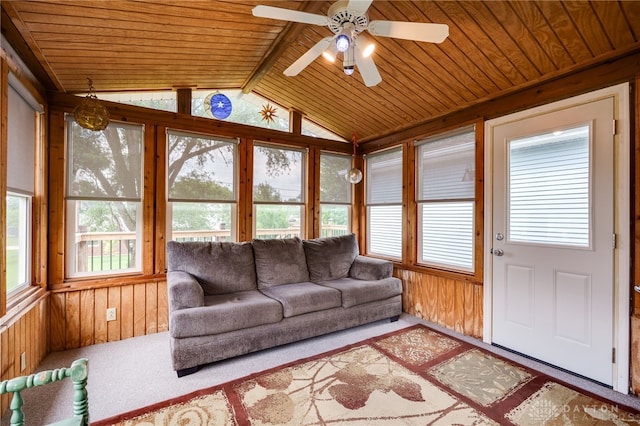 1817 El Camino Dr, Xenia, OH 45385 - sunroom / solarium featuring wood ceiling, lofted ceiling, wooden walls, and carpet