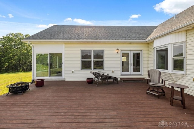 7373 Crowl Rd, Degraff, OH 43318 - wooden terrace featuring a fire pit and french doors