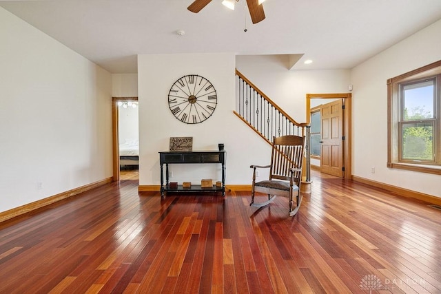 7373 Crowl Rd, Degraff, OH 43318 - living area featuring wood-type flooring, stairway, ceiling fan, and recessed lighting