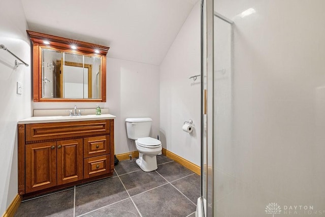 7373 Crowl Rd, Degraff, OH 43318 - full bathroom featuring vanity, tile patterned floors, vaulted ceiling, and an enclosed shower
