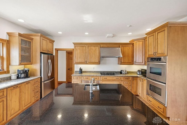 7373 Crowl Rd, Degraff, OH 43318 - kitchen featuring appliances with stainless steel finishes, wall chimney range hood, dark stone counters, glass insert cabinets, and recessed lighting