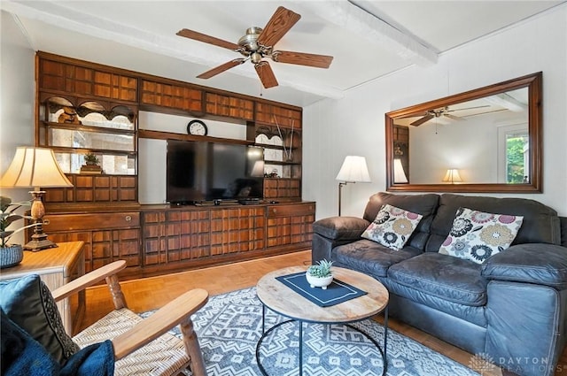 3811 Berryleaf Ct, Dayton, OH 45424 - living room with ceiling fan, beamed ceiling, built in shelves, and wood finished floors