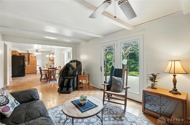 3811 Berryleaf Ct, Dayton, OH 45424 - living room with ceiling fan, beam ceiling, and french doors