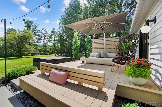 525 Heatherwoode Cir, Springboro, OH 45066 - deck with a covered hot tub, view of scattered trees, and a lawn