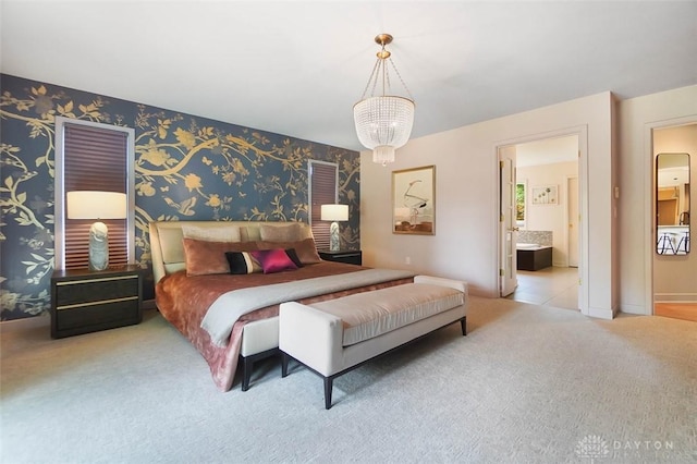525 Heatherwoode Cir, Springboro, OH 45066 - bedroom featuring carpet, a chandelier, and ensuite bath