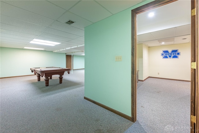 3072 Fowler Rd, Springfield, OH 45502 - game room featuring carpet flooring, a drop ceiling, and billiards table
