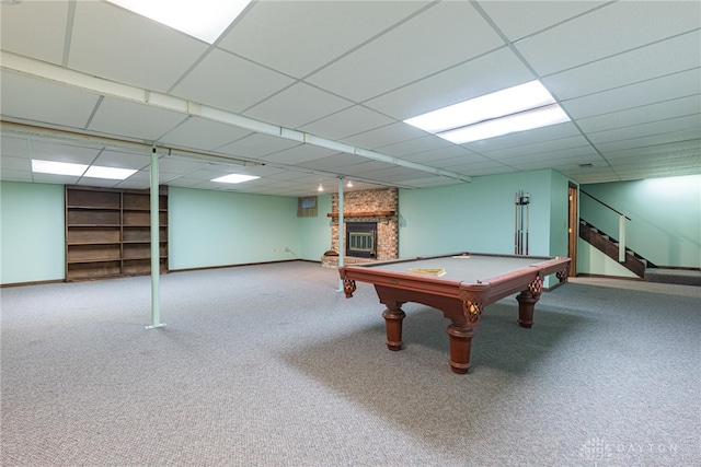 3072 Fowler Rd, Springfield, OH 45502 - game room featuring billiards table, carpet, a brick fireplace, and a drop ceiling