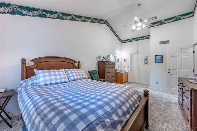 274 Tamarack Trl, Springboro, OH 45066 - bedroom featuring carpet flooring, high vaulted ceiling, and ceiling fan