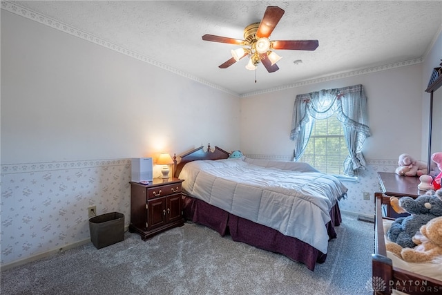 274 Tamarack Trl, Springboro, OH 45066 - carpeted bedroom with a textured ceiling, ceiling fan, and wallpapered walls