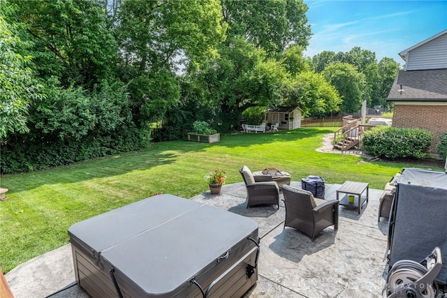 274 Tamarack Trl, Springboro, OH 45066 - view of patio / terrace featuring a hot tub and a shed
