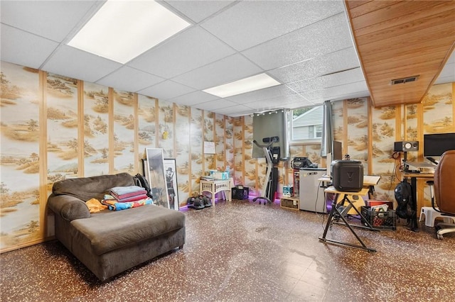 1220 Bookwalter Ave, New Carlisle, OH 45344 - basement featuring a paneled ceiling and wallpapered walls