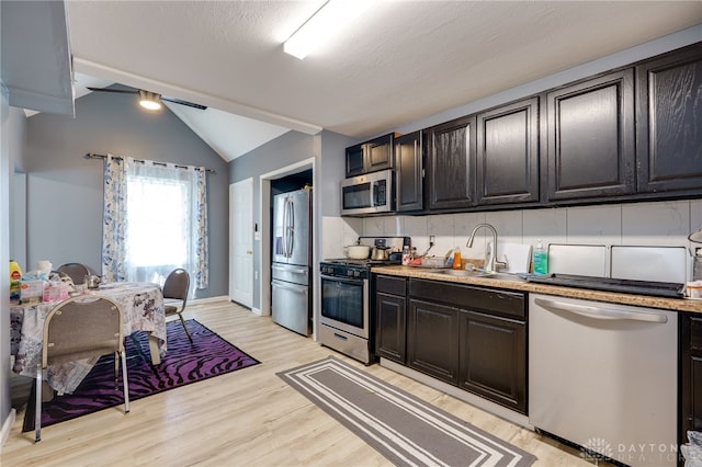 3521 E 4th St, Dayton, OH 45403 - kitchen with appliances with stainless steel finishes, lofted ceiling, light wood finished floors, backsplash, and light countertops