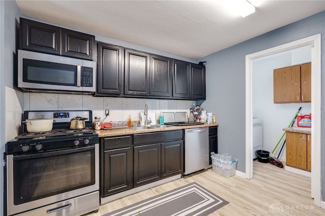 3521 E 4th St, Dayton, OH 45403 - kitchen featuring appliances with stainless steel finishes, light wood-style floors, tasteful backsplash, light countertops, and washer / clothes dryer