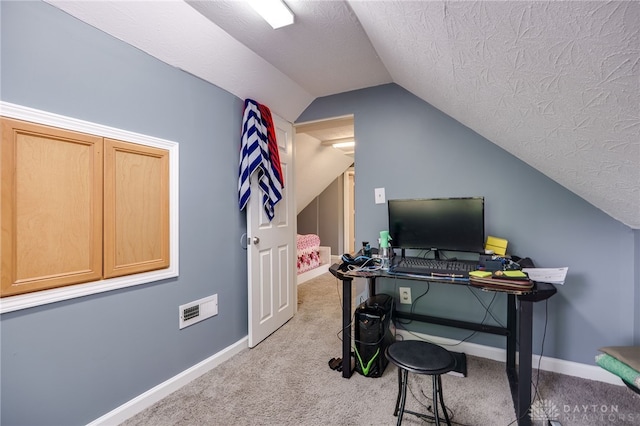 3521 E 4th St, Dayton, OH 45403 - office area featuring light colored carpet, lofted ceiling, and a textured ceiling