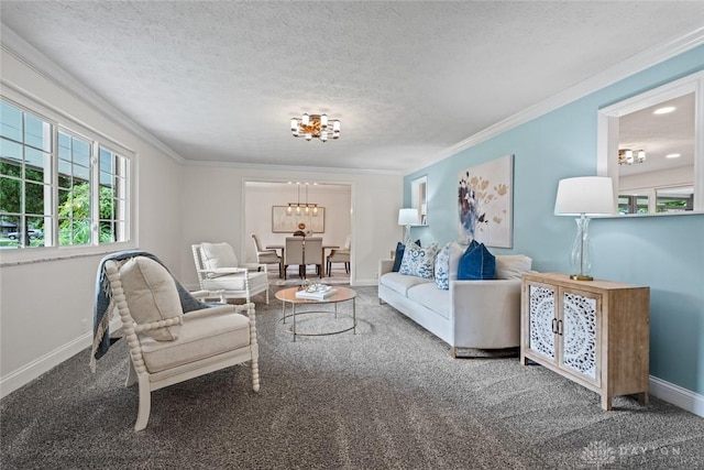 1695 Winterstone Ct, Washington Twp, OH 45458 - carpeted living room featuring a textured ceiling, a chandelier, and crown molding