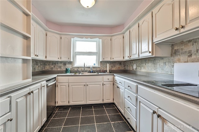 15 Harrison St, Middletown, OH 45042 - kitchen with open shelves, stainless steel dishwasher, tasteful backsplash, white cabinetry, and dark tile patterned floors