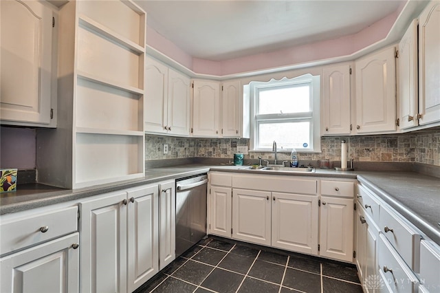 15 Harrison St, Middletown, OH 45042 - kitchen with open shelves, stainless steel dishwasher, decorative backsplash, white cabinetry, and dark tile patterned floors