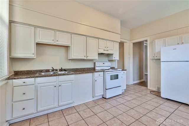 578 Considine Ave, Cincinnati, OH 45205 - kitchen with white appliances, under cabinet range hood, dark countertops, light tile patterned floors, and white cabinets