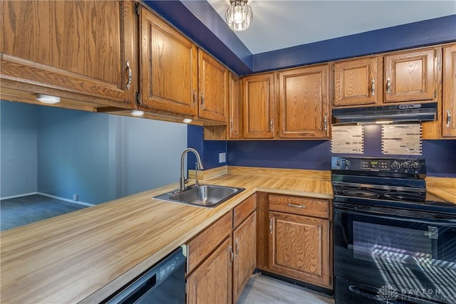 6235 Pheasant Hill Rd, Dayton, OH 45424 - kitchen featuring black range with electric cooktop, under cabinet range hood, butcher block counters, brown cabinets, and dishwasher